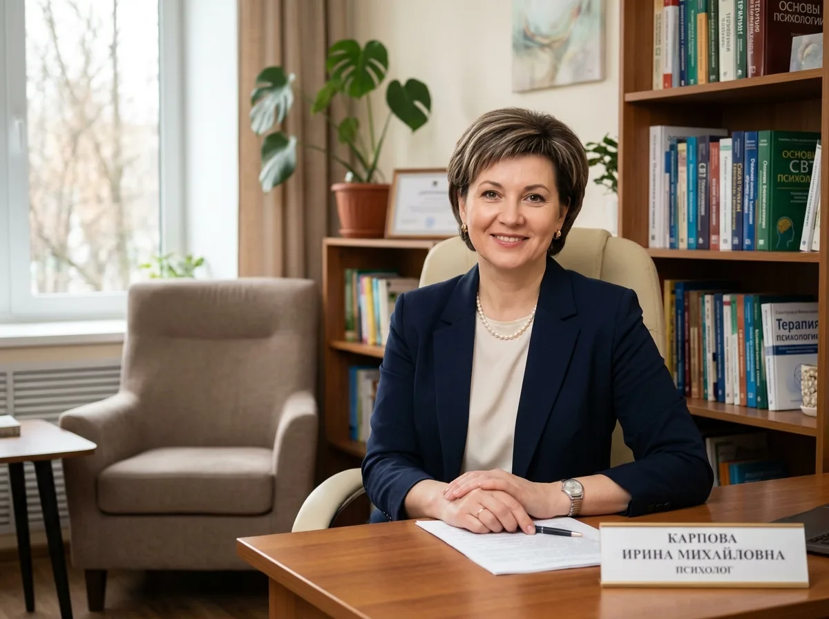Психолог клиники Карпова Ирина Михайловна — женщина-специалист в деловой одежде, доброжелательный профессиональный портрет в кабинете консультаций
